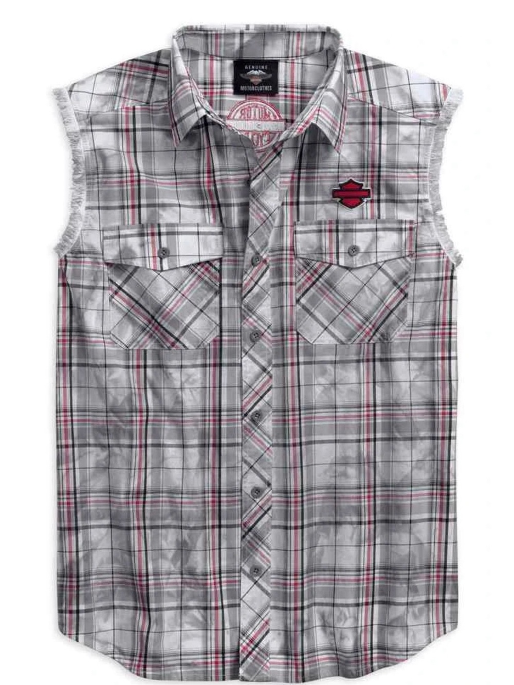 Harley-Davidson Men’s Gray Plaid Sleeveless Button-Up Shirt with Red Accent